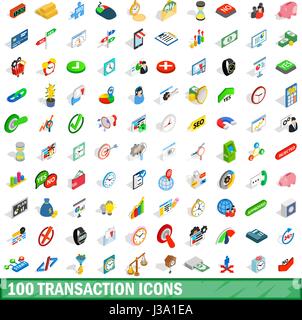 100 transaction icons set, isometric 3d style Stock Vector