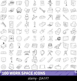 100 work space icons set, outline style Stock Vector