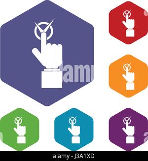 Hand finger pressing button with tick icons set Stock Vector