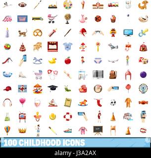 100 childhood icons set, cartoon style Stock Vector