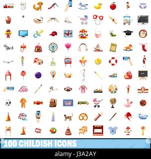 100 childish icons set, cartoon style Stock Vector