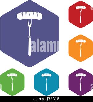 Sausage on bbq fork icons set hexagon Stock Vector