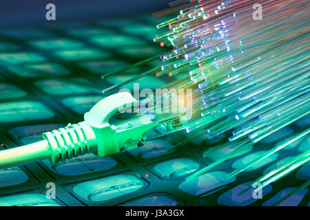 network cables closeup with fiber background Stock Photo