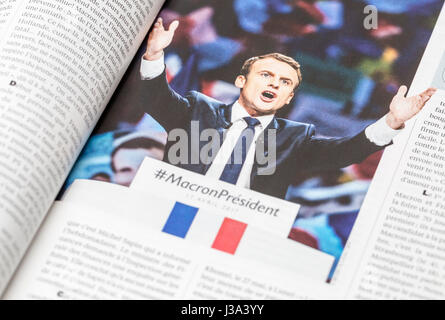 France - April 29,2017: The French magazine L'Express publish an inside story and pictures of the  presidential candidate Emmanuel Macron which passed Stock Photo