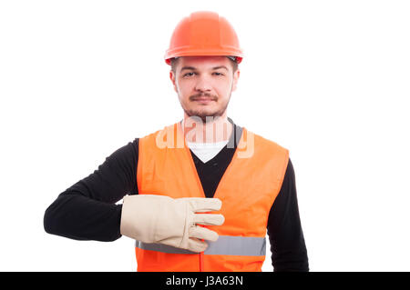Handsome architect showing four fingers gesture with positive attitude isolated on white background Stock Photo