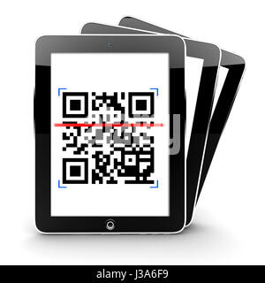 Illustration of a tablet scanning a QR code with other two tablets behind Stock Photo