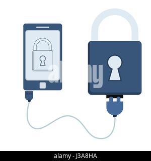 Padlock connected to a cell phone through a usb cable. Outline of the padlock being shown on the mobile monitor. Flat design. Isolated. Stock Vector