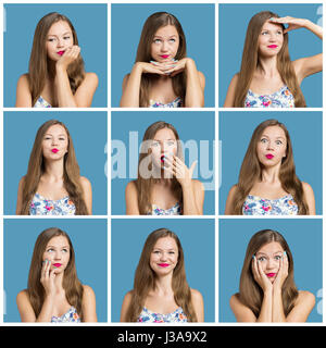 Collage of a beautiful woman with different facial expression Stock Photo