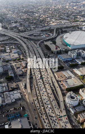 Los Angeles, California, USA - April 12, 2017:  Afternoon aerial view of Santa Monica 10 and Harbor 110 freeway interchange in downtown LA. Stock Photo