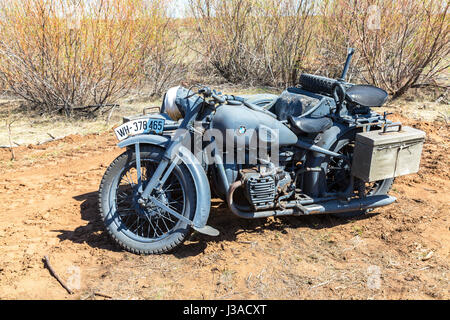 Samara, Russia - April 30, 2017: German vintage motorcircle. BMW R75 motorcircle on reenactment of the battle in 1943 in World War II Stock Photo