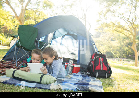 Smiling siblings using laptop outside the tent at campsite Stock Photo