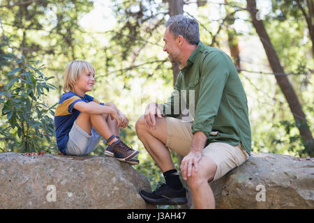 Father and talking while siting on rocks in forest Stock Photo