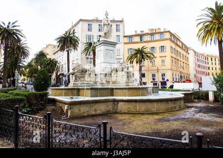 Place Foch, also known as Place des Palmiers, features a fountain with statue of Napoleon Bonaparte draped in a Roman toga, Ajaccio, Corsica.
