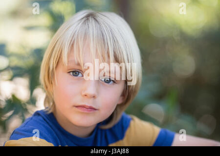 Close up portrait of cute little boy in forest Stock Photo