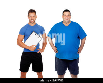 Fat man and his coach ready to train isolated on a white background Stock Photo