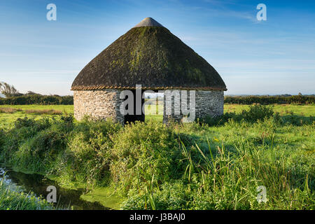 A round thatched barn known as a linhay on Bruanton Burrows near Barnstaple in Devon Stock Photo