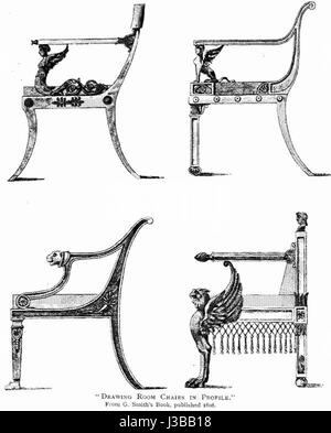 This refers to an illustration or description of drawing room chairs, likely from a design book by someone named Smith, showing furniture styles from a particular period. Stock Photo