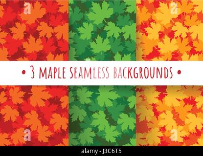 Vector illustration with maple leaves, tileable backgrounds. Suitable for printing on a t-shirt, wrapping paper or textile. Seamless patterns with red Stock Vector