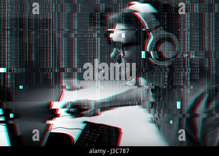 man in headset playing computer video game at home Stock Photo