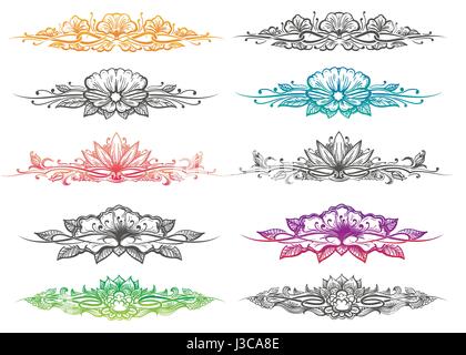 Set of hand drawn dividers and headers. Leaves, flowers, curly branches isolated on white. Ornate design elements. Vector illustration. Stock Vector
