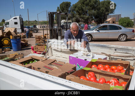 Nogales, Arizona - People pick up food at the Borderlands Food Bank. Each year, Borderlands saves 30 to 40 million pounds of produce, mostly grown in  Stock Photo