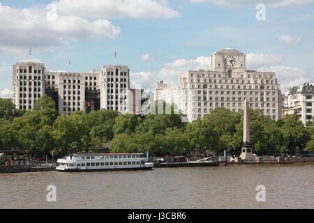 The Adelphi Hotel, the Shell Mex building and Cleopatra’s Needle on the Victoria Embankment of the river Thames, London Stock Photo