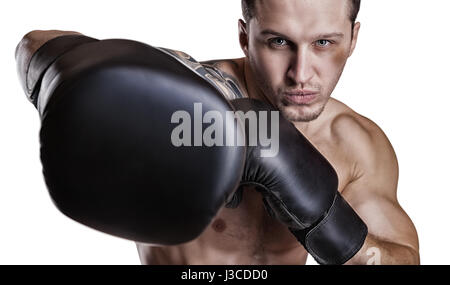 Boxer with boxing gloves before a fight isolated on white background Stock Photo