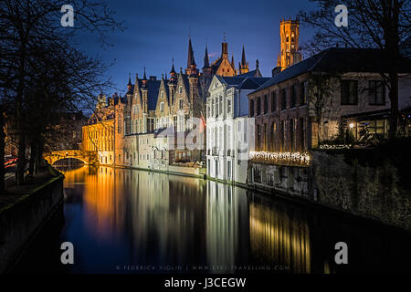 Bruges. Image of Bruges, Belgium during twilight blue hour. Stock Photo