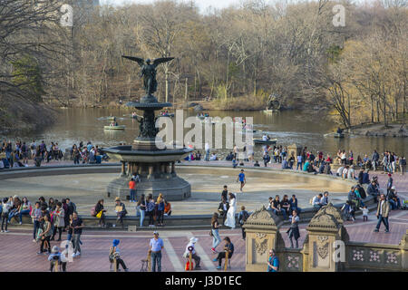 Bethesda Terrace and Fountain overlook The Lake in Central Park, New York City.