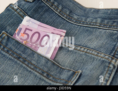 Five hundred Euro banknote in the pocket of blue Jean Stock Photo