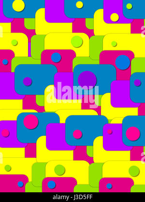 Background image is filled with rectangles in bright green, blue, purple, yellow and hot pink.  Colorful circles top rectangles. Stock Photo