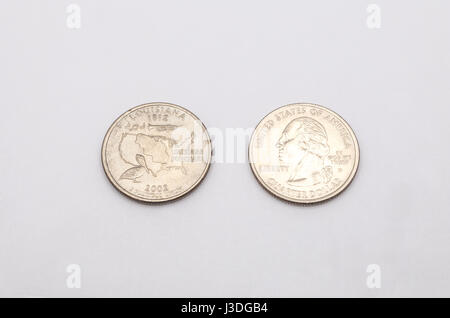 Closeup to Louisiana State Symbol on Quarter Dollar Coin on White Background Stock Photo