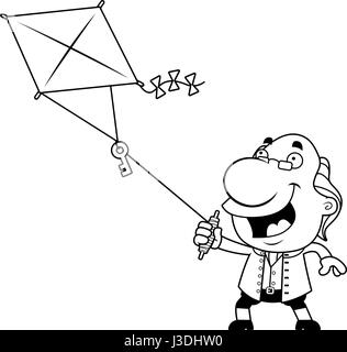 An illustration of a cartoon Ben Franklin flying a kite with a key. Stock Vector