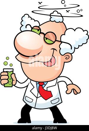 An illustration of a cartoon mad scientist drinking a bubbling drink. Stock Vector