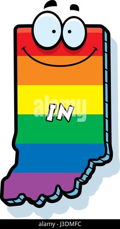A cartoon illustration of the state of Indiana smiling with rainbow flag colors. Stock Vector