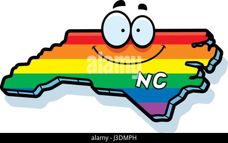 A cartoon illustration of the state of North Carolina smiling with rainbow flag colors. Stock Vector