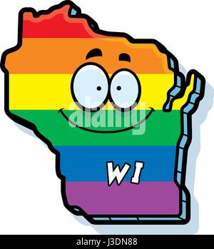 A cartoon illustration of the state of Wisconsin smiling with rainbow flag colors. Stock Vector