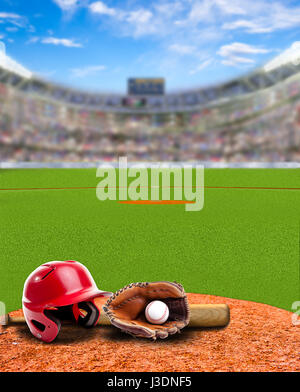 Baseball stadium full of fans in the stands with baseball helmet, bat, glove and ball on infield dirt clay. Deliberate focus on foreground with shallo Stock Photo
