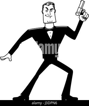 A cartoon illustration of a spy in a tuxedo with a gun. Stock Vector