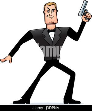 A cartoon illustration of a spy in a tuxedo with a gun. Stock Vector