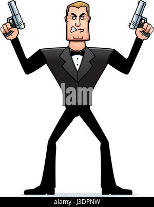 A cartoon illustration of a spy in a tuxedo looking angry. Stock Vector