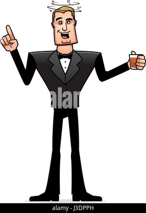 A cartoon illustration of a spy in a tuxedo looking drunk. Stock Vector