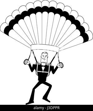 A cartoon illustration of a spy in a tuxedo parachuting. Stock Vector