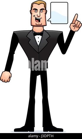 A cartoon illustration of a spy in a tuxedo talking. Stock Vector