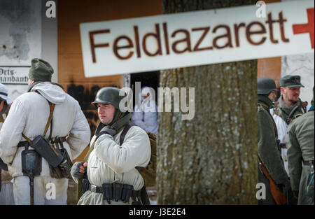 Historical re-enactors prepare for the beginning of battle. Stock Photo