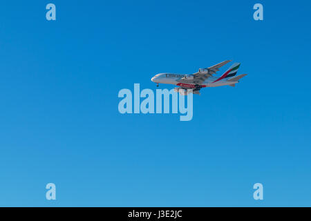 Emirates' Airbus A380 landing on Warsaw International Airport Stock Photo