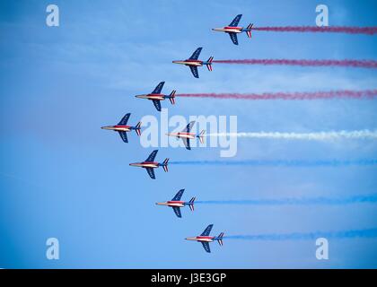 The French Air Force Patrouille de France aerial demonstration team aircraft fly in formation during the Atlantic Trident World War I Remembrance Day at Joint Base Langley-Eustis April 21, 2017 near Hampton, Virginia.     (photo by Areca T. Bell /US Air Force  via Planetpix) Stock Photo