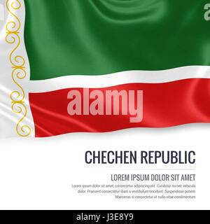 Russian state Chechen Republic flag waving on an isolated white background. State name and the text area for your message. 3D illustration. Stock Photo