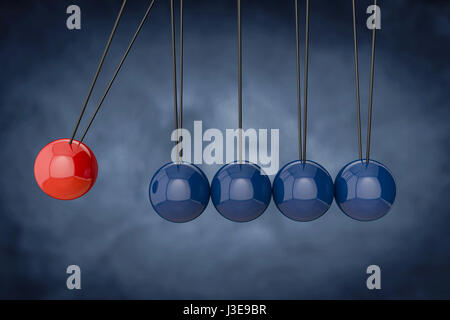 3d Newton's cradle. Red sphere hanging on threads hitting many blue ones. Leadership, power and uniqueness concept.