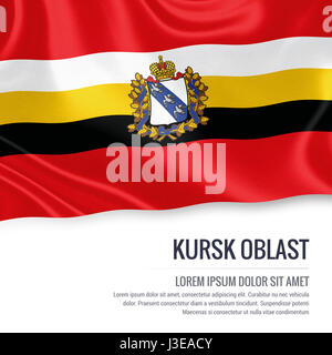 Russian state Kursk Oblast flag waving on an isolated white background. State name and the text area for your message. 3D illustration. Stock Photo